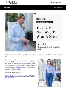 How To Wear An Oversized Pinstripe Shirt Like Hailey Baldwin - styledByMarieClaire - 2017 05 - Alexandra Lapp - found on http://www.styledbymarieclaire.com.au/inspiration/news-flash/this-is-the-new-way-to-wear-a-shirt