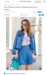 How to Wear Denim on Denim - POPSUGAR - Fashion Photo 3 - 2017-03 - Alexandra Lapp - found on https://www.popsugar.com/fashion/photo-gallery/40919897/image/40919929/Buttoned-Denim-Jacket-Flared-Skirt