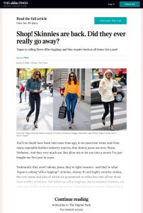 Shop - Skinnies are back - Did they ever really go away - Magazine - The Times - thetimes.co.uk - 2020 01 04 - Alexandra Lapp - found on https://www.thetimes.co.uk/article/shop-skinnies-are-back-did-they-ever-really-go-away-qtztbwq7s