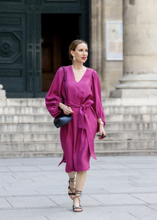 Alexandra Lapp is seen wearing Alexandra Lapp x Seidensticker capsule collection Black Linen Mix Dress, and Wild Aster Linen Mix Dress in Paris, Summer 2024.